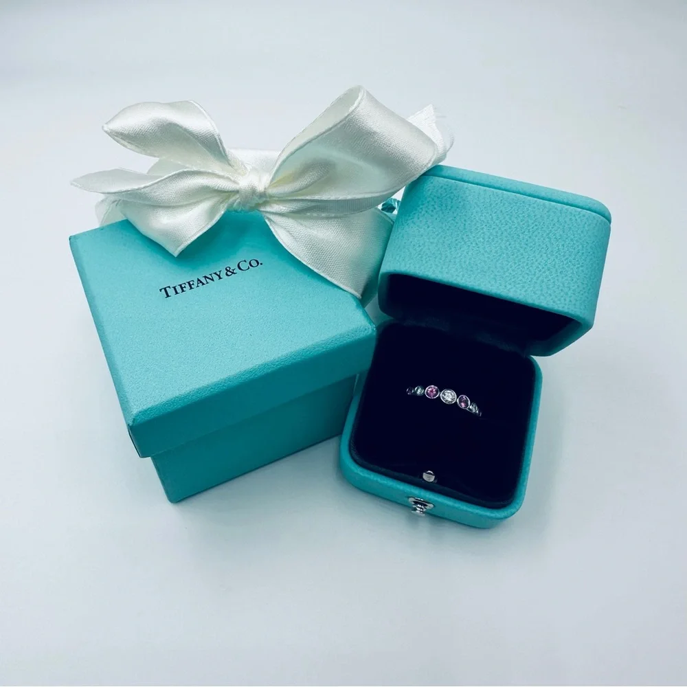 RARE Tiffany & Co. Platinum Jazz Ring with Diamonds and Pink Sapphires Packaging